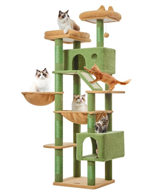 Taoqimiao キャットタワー 高さ 180cm 大型猫用 多頭飼い対応 据え置き式 猫タワー 省スペース 多機能 グリーン MSC026L【6 層オールインワン設計 多機能キャットタワー】：高さ約 180cm の 6 層構造で、ソフトトップ、キャットハウス、ハンモック、吊りバスケット、サイザル麻スロープを完備。シニア猫やジャンプが苦手な猫でも上り下りしやすく、運動不足を解消します。【省スペース &amp; 安定構造 大型猫・多頭飼い対応】：底座サイズ約 50×44cm、厚手底板と補強構造を採用。大型猫のジャンプや多頭での使用でもぐらつかず、愛猫の安全を守ります。【天然サイザル麻 8 本柱 家具保護に最適】：天然サイザル麻の爪とぎ柱 8 本とスロープ、鈴付きおもちゃ付き。猫の爪とぎ本能を満たし、ソファや壁へのイタズラを防ぎます。【豊富な休息スペース ゆったりくつろげる】：複数のキャットハウス、展望台、ハンモックを完備。柔らかい素材で寝心地が良く、愛猫のプライベート空間を提供します。【組立簡単 取扱いやすい設計】：詳しい説明書付きで、部品が精密にフィットし初心者でも組立てやすい。万が一の問題も迅速にサポートいたします。