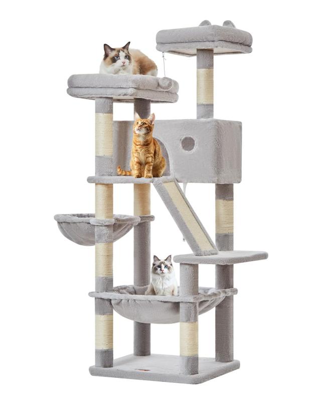 Taoqimiao キャットタワー 大型猫用 高さ約146cm 据え置き式 猫タワー 多頭飼い対応 省スペース 転倒防止付き 運動不足解消 安定感 天然麻紐の猫の爪とぎボード シザル爪研ぎポール8本 特大猫【5 段オールインワン設計 多機能キャットタワー】：高さ約 146.5cm の 5 層構造で、トップパーチ・猫ハウス・ハンモック・バスケット・シザルスロープを完備。シニア猫やジャンプが苦手な猫でも上り下りしやすく、運動不足を解消します。【省スペース &amp; 安定構造 大型猫・多頭飼い対応】：底座サイズ約 50×44cm、厚手底板と補強構造を採用。大型猫のジャンプや多頭での使用でもぐらつかず、愛猫の安全を守ります。【天然サイザル麻 8 本柱 家具保護に最適】：天然サイザル麻の爪とぎ柱 8 本とスロープ、鈴付きおもちゃ付き。猫の爪とぎ本能を満たし、ソファや壁へのイタズラを防ぎます。【豊富な休息スペース ゆったりくつろげる】：複数のキャットハウス、展望台、ハンモックを完備。柔らかい素材で寝心地が良く、愛猫のプライベート空間を提供します。【組立簡単 取扱いやすい設計】：詳しい説明書付きで、部品が精密にフィットし初心者でも組立てやすい。万が一の問題も迅速にサポートいたします。