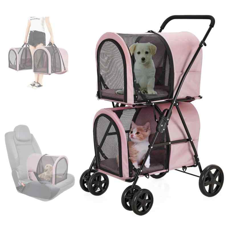 LPOTIUS ペットカート 多頭 上下2段式 分離型 ペットバギー 折りたたみ 軽量 犬用ベビーカー コンパクト収納 ペットキャリーバッグ 4輪 前輪360°回転 後輪ブレーキ付き 小型犬 中型犬 犬猫兼用 耐荷重20KG 上段10KG 下段10KG 多