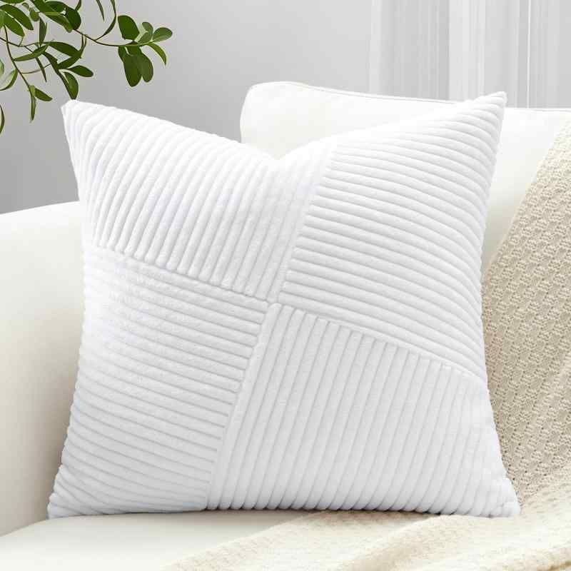 Rakuten - Otostar クッションカバー 50x50cm 1枚 おしゃれ 可愛い 無地 コーデュロイ 4分割斜めストライプ デザイン モダン ジッパー式 インテリア 室内装飾用 装飾用ピローカバー (50x50,ホワイト)