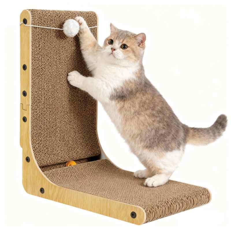 Gimars 猫用爪とぎ 68cm L字型 段ボール製 安定構造 猫 つめとぎ 爪研ぎ 多機能 遊び リラックス 寝転び対応 キャットボール ぬいぐるみ付き おしゃれ (ナチュラル 47CM)