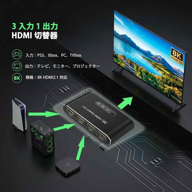 8K@60Hz HDMI 切替器 3入力1出力 4K@120Hz出力 HDMI 切り替え器 リモコン付き HDMI...