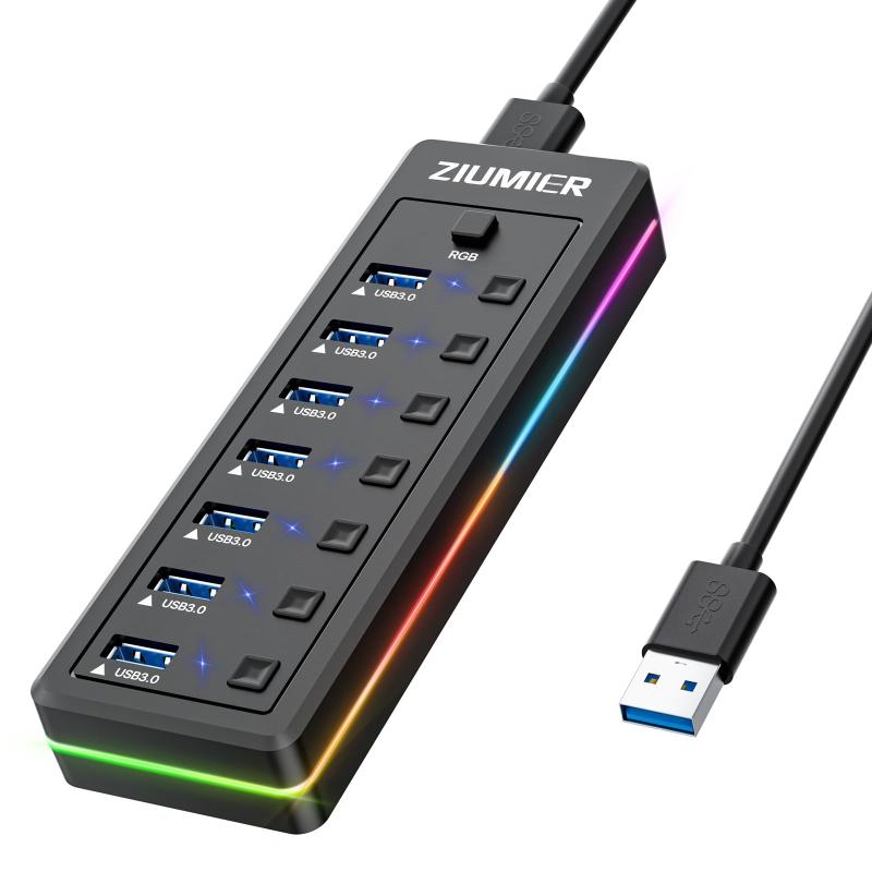 USBハブ 7ポート USB3.0 高速データ転送 LEDインジケーター付き 個別スイッチ ノートパソコン PC マウス キーボード ハードドライブ対応 増設 拡張アダプター
