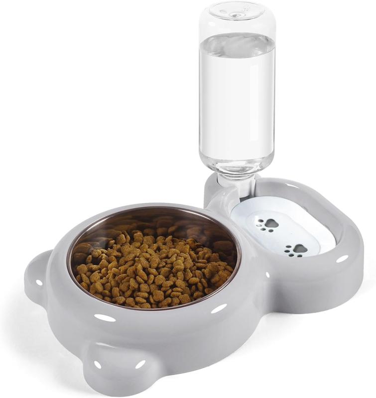 猫 えさ 皿、犬 ご飯皿と猫 水飲み器、猫 餌入れ、猫 ご飯皿，ステンレス製ボウル付き、自動給水ボトル付き，猫と小型犬用（グレー）