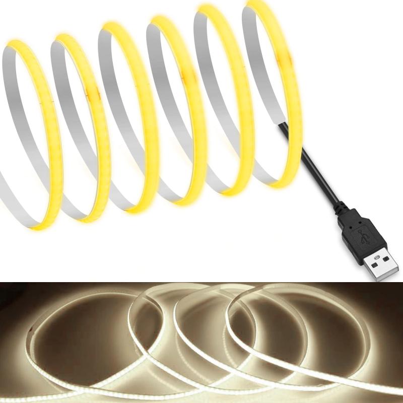 Rakuten - 【RYE】 COB テープライトLEDストリップライトフレキシブル 高密度 幅5mm 隠れたLEDテープライト1.5m 320LEDs/m 昼光色4000K DC5V 180°発光CRI>=90，両面テープ変形可能 切断可能 寝室 キッチンホーム