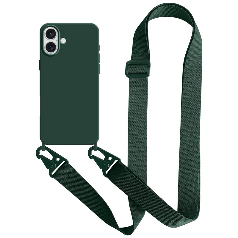 UnnFiko For iPhone 16 ケース ネックストラップ スマホケース 蛍光色 シリコン アイフォン 16 ケース シンプル ソフト 保護カバー 携帯ストラップ 紐付き 斜めがけ (iPhone 16,Midnight Green)