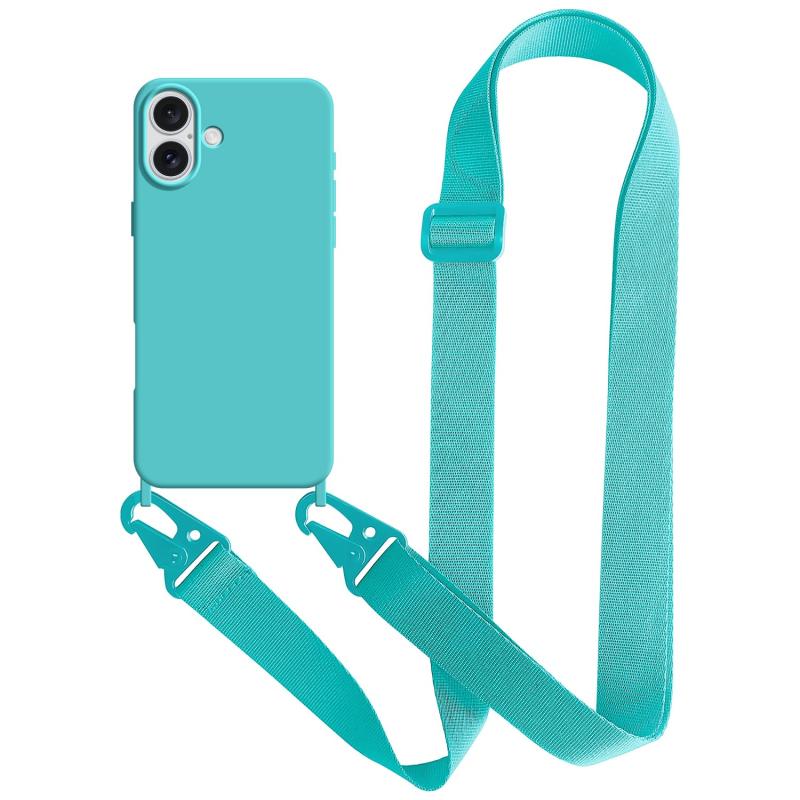 Rakuten - UnnFiko For iPhone 17 ケース ネックストラップ スマホケース 蛍光色 シリコン アイフォン 17 ケース シンプル ソフト 保護カバー 携帯ストラップ 紐付き 斜めがけ (iPhone 17,Glacier Blue)