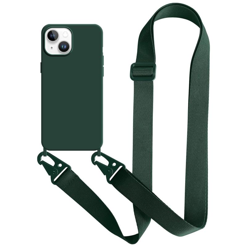 Rakuten - UnnFiko For iPhone 13 ケース ネックストラップ スマホケース 蛍光色 シリコン アイフォン 13 ケース シンプル ソフト 保護カバー 携帯ストラップ 紐付き 斜めがけ (iPhone 13, Midnight Green)