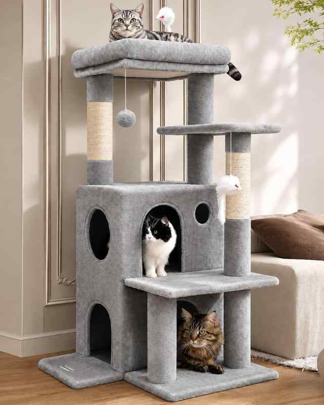 Globlazer FC50 キャットタワー 低い 据え置き 多頭飼い 二層式巨大キャットハウス 安定感 省スペース 高さ128cm ライトグレー【使いやすい高さ】高さ128cmのロープロファイルキャットタワーなので、いつでも愛猫の様子を手軽に見守ることができます。猫が上のプラットフォームで休んだり遊んだりしている時でも、飼い主さんは安心して触れ合うことができます。【2階建ての巨大キャットタワー】このキャットタワーはユニークな2層構造で、愛猫に快適な隠れ家を提供します。各層はそれぞれ異なる空間を提供し、猫の旺盛な好奇心と探索意欲を満たします。【広々とした柔らかな展望デッキ】広々とした上層プラットフォームは、猫に家全体を見渡せるだけでなく、リラックスして快適に休むことができます。【省スペース】このキャットタワーは、窓際や壁際だけでなく、部屋の隅にも設置できます。高さをあまり取らないので、狭いアパートや天井の低い部屋でも、圧迫感なく簡単にアクセスできます。【組み立て簡単】高さ128cmのロープロファイルキャットタワーには、詳細な組み立て説明書が付属しています。手順に従って簡単に組み立てられるので、時間と労力を節約できます。