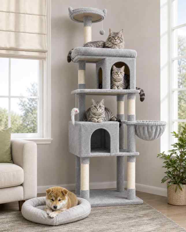 Globlazer S72 キャットタワー 大型 頑丈 多頭飼い 高さ178 cm 付き 展望台2つ ハンモック ライトグレー【多頭飼いの家庭に最適】S72キャットツリーには、キャットハウス2つ、展望台2つ、吊り下げバスケット、移動可能なペットベッド、猫の爪とぎボード付属、3〜5匹の猫が休んだり遊んだりするのに適しています。厚く大きくされたベースボードが強化された頑丈さをします。独特のデザインが正確に重心を中心に保ち、複数の大型猫が動いてもこの高いキャットタワーが倒れにくくなっています。【大型パッド付きプラットフォーム】大型猫用のこの大型キャットタワーには、特大サイズのプラットフォーム（55cmx30cm）が備わっており、83％拡大されており、成猫でもこの広々とした快適なエリアで快適に休息を楽しむことができます。【2つのキャットハウス、2つのスタイル】2つのキャットコンドが装備されています。大型キャットコンドは大型猫にプライベートな休息スペースを提供します。高位のコンドは「見張り塔」として機能し、周囲をこっそりと観察することができます。【猫の本能を満たす】傾斜したサイザル麻の猫の爪とぎボード6本のサイザル麻の猫の爪とぎポストを備えたキャットツリー。猫が思う存分爪とぎを楽しめるだけでなく、ソファやカーテンなどの家具へのダメージも軽減します。【ボーナス独立ペットベッド】独立して使用できるだけでなく猫にも適した別のペットベッド（45cmx34cm）を特長としています。このおしゃれなキャットタワーの下や猫のお気に入りの場所に置くことができます。また、複数のペットがいる家庭にも適しており、他のペットもその利点を楽しむことができます。