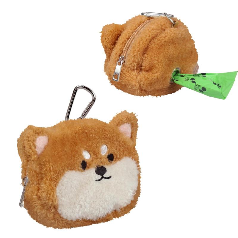 犬用うんち袋ホルダー かわいい犬型デザイン｜リード取付け可・ふわふわ素材｜携帯用＆洗えるペット用ゴミ袋ディスペンサー｜ジッパー付きミニポーチ＋ゴミ袋1ロール付き