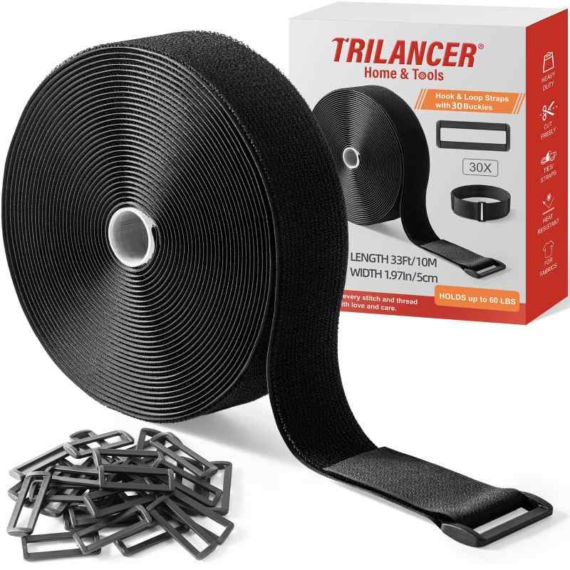 Trilancer 10m x 5cm 強力マジック結束バンド 30個のバックル付き – 調節可能、必...