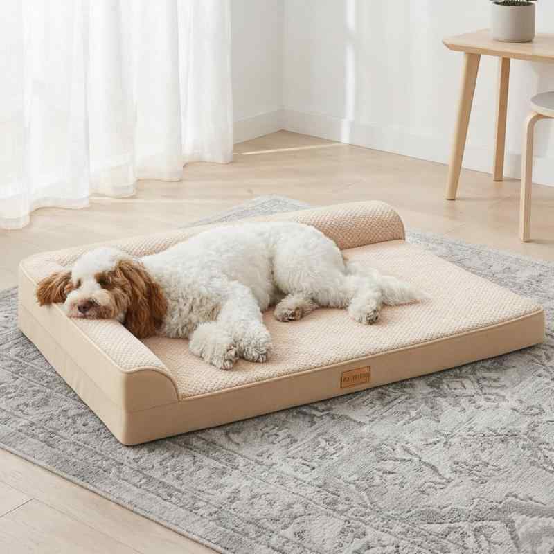 Rakuten - Jolifield 犬 ベッド 冬 ペット Lデザイン 暖かい 犬用ベッド 柔らか ペットベッド 中型犬 大型犬 猫 クッション 枕付き 防水 洗える 取り外せるカバー 滑り止め 通気性 高反発 122cm*76cm アイボリ