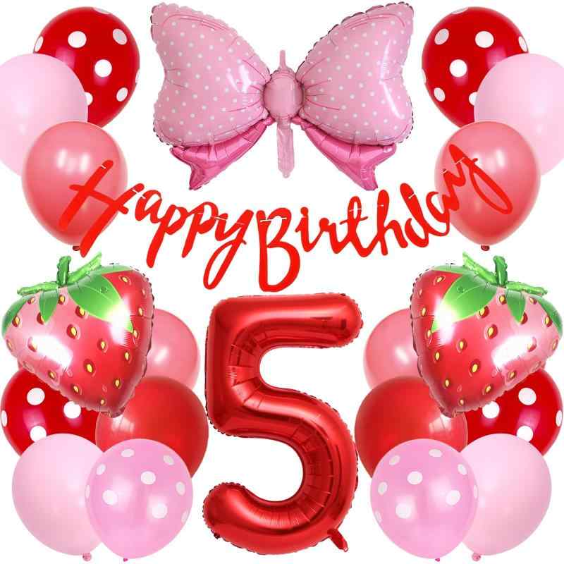 Lausatek バルーン 誕生日 5歳 風船セット HAPPY BIRTHDAY バースデー ガーランド バースデー 飾り付け 数字5 いちご 蝶結び 装飾 お祝い イベント 子ども 男の子 女の子 赤 レッド
