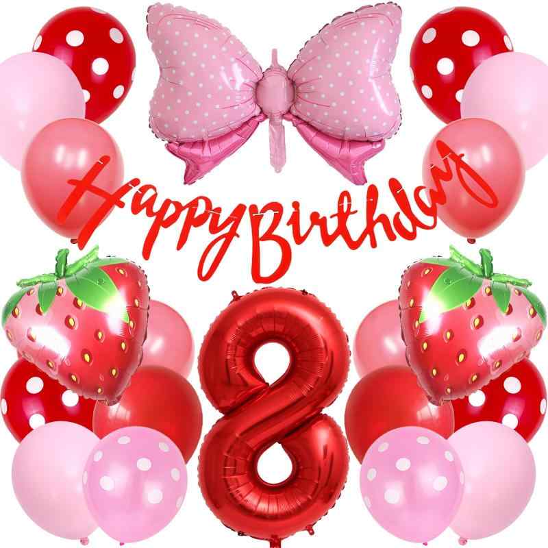 Lausatek バルーン 誕生日 8歳 風船セット HAPPY BIRTHDAY バースデー ガーランド バースデー 飾り付け 数字8 いちご 蝶結び 装飾 お祝い イベント 子ども 男の子 女の子 赤 レッド