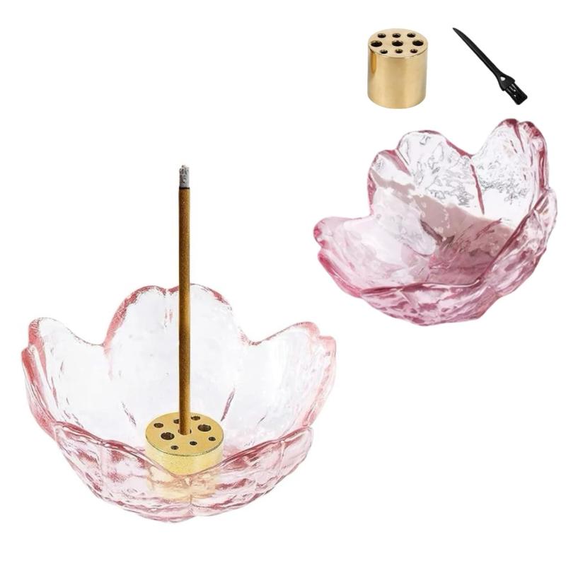 お香立て 線香立て おしゃれ 可愛い 花型香立て ミニ仏壇用 仏壇用品 香炉 香皿 透明ガラス製 花びらデザイン 小さめ 瞑想 ヨガ 茶道 香道 書斎 贈り物 仏具