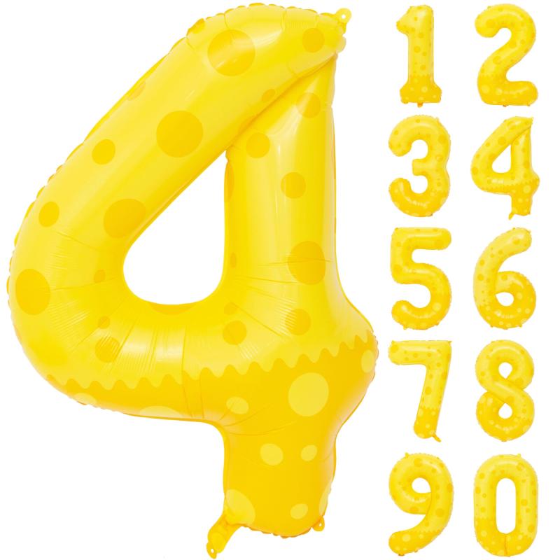 イエロードットバルーン4，ナンバーバルーン，数字 4 風船，40 インチ大型風船，アルミ風船，4歳 誕生日飾り，バースデーデコレーション