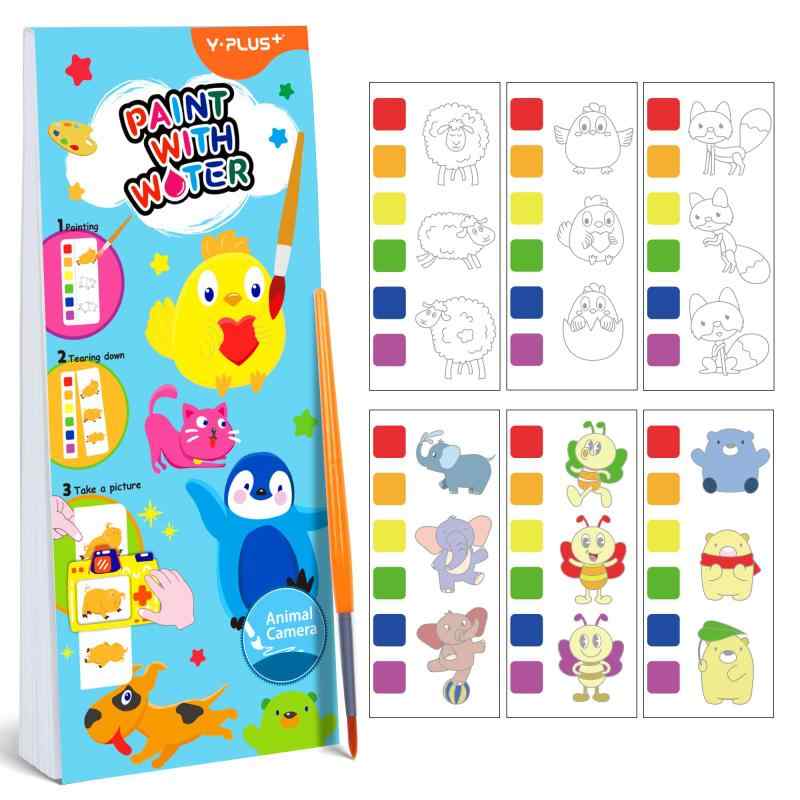YPLUS ミニ水塗り絵 子供向け 3歳以上のぬりえ 水ぬりえ キッズ 画材セット 筆付き 子ども プレゼント - 動物キュートな4つのテーマ：プリンセス・ドレスアップ、動物、ユニコーン、かわいいモンスターのユニークな水塗り絵4種入り3歳以上の子供たちの想像力を刺激するのに最適オールインワンの子供用水塗り絵：各セットには水彩パレット、付属の再利用可能なブラシ、使いやすいページ付き。ブラシを水に浸して絵の具を濡らし、色を塗るだけでOKちぎって遊べるページ：塗り終わった後は、ミシン目で簡単に絵を切り離せます。各テーマにはそれぞれ異なる遊び方が用意されており、簡易カメラ、プリンセスのドレスアップ、紙片の伸縮変形が含まれています。多様な楽しみを提供しますメスフリーで子供でも安心：絵の具も散らかる心配も不要。この水ぬりえは非毒性で安全、家庭でも外出先でも手軽に楽しめます想像力と学びを促進：手先の器用さ、色の認識、想像力を育みながら、子供たちを何時間も楽しませます。誕生日やホリデーのプレゼントに最適