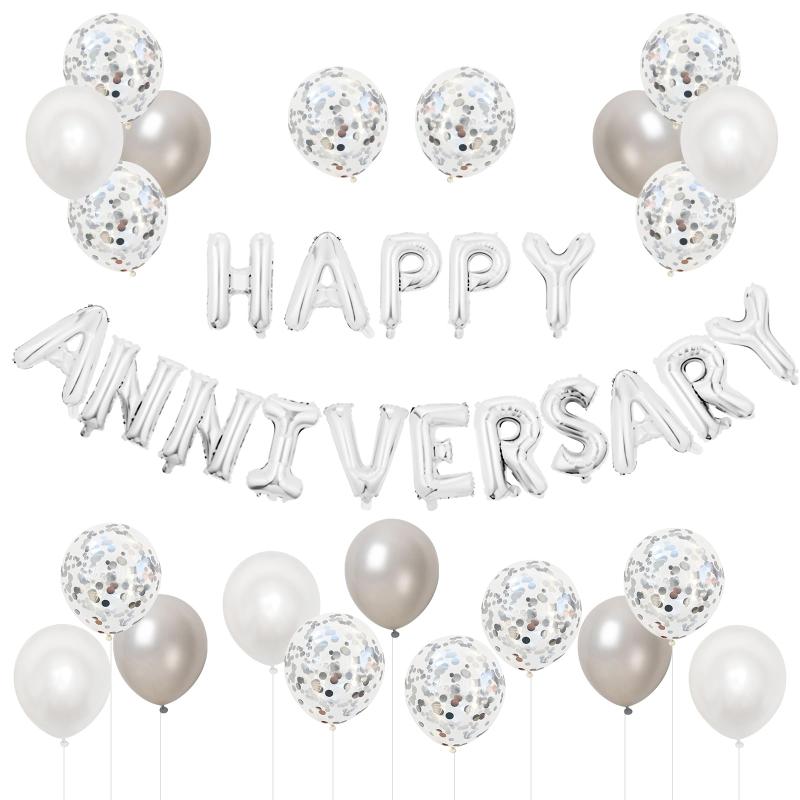 Rakuten - BTZO 風船 バルーン 飾り付け 装飾 HAPPY ANNIVERSARY アニバーサリー 記念日 告白 バレンタイン サプライズ デコレーション パーティー 誕生日 結婚式 おしゃれ お祝い シルバー ホワイト セット