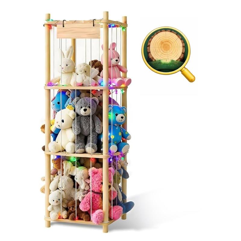 Hsenowi Stuffed Animal Storage Zoo Organizer Natural Pine Plushies Storage with Elastic Bands Vertical Wood Toy Holder Mesh Net