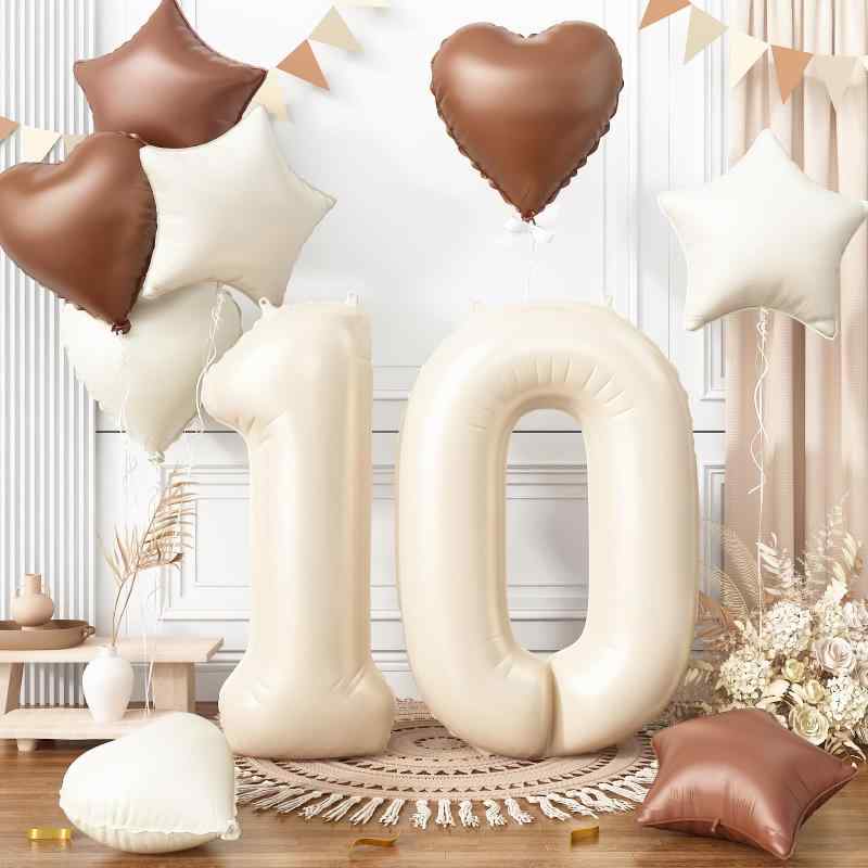 Rakuten - 誕生日 バルーン 風船セット 飾り付け 10歳 大きい数字 ナンバー10 ハート 星 スター アルミ風船 10個セット バースデー 飾り 記念日 お祝い パーティー 女の子 男の子 くすみホワイト