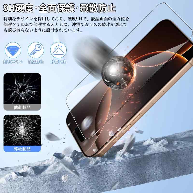 【2+2枚セット】対応 iPhone 16 Pro ガラスフィルム(2枚) + カメラフィルム(2枚) 硬度9H 強化ガラス 旭硝子製 疎水疎油 指紋·汚れ防止 Greerass 液晶画面保護フィルム 3D保護 高透過率 HDビジョン 全面