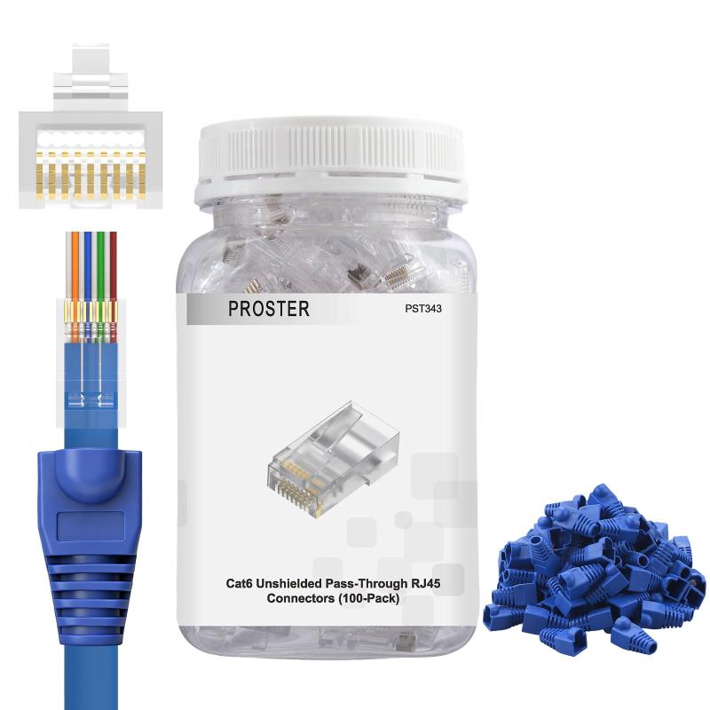 Rakuten - Proster RJ45コネクタ LANコネクター CAT6対応 【100個入り】 金メッキコネクタ ケーブル透過式 貫通式 CAT5e 兼用 単線・より線対応 保護カバー 収納ケース付き