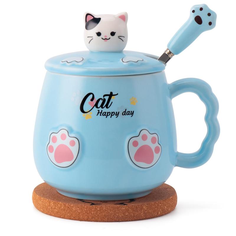Rakuten - マグカップ蓋とスプーン付き 陶器 猫 コップ コーヒーカップ・マグ かわいい猫誕生日プレゼント（ホワイト） (ブルー)
