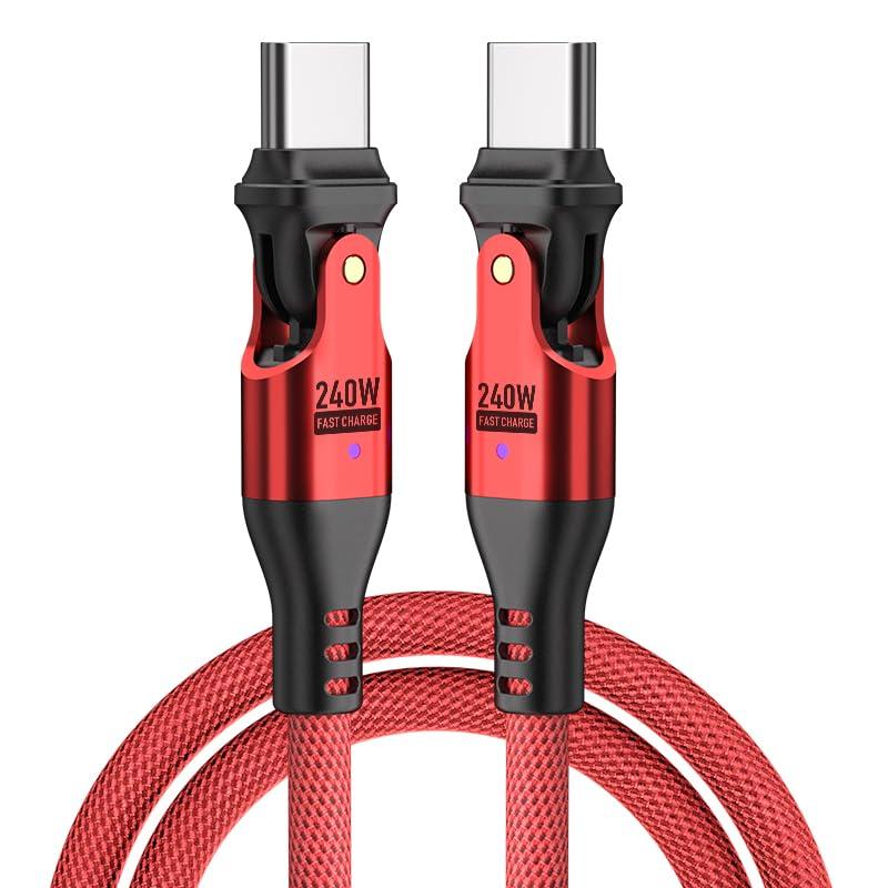 PD 240W USB Type C ケーブル USB-C to USB-C L字型 180°回転可【1.8M】5A急速充電 データ転送可 タイプc 充電ケーブル AndroidなどType-C機種対応 (1.8m)超高速充電：PD3.1/QC4.0対応で、最新スマホやタブレットをわずか35分で約80%まで急速充電。待ち時間を大幅に短縮します。全デバイス対応：ノートPC、スマホ、タブレット、ゲーム機など、Type-Cポート搭載の多彩なデバイスに広く対応。一本で全てを効率的に充電できます。180°回転デザイン：両端180°回転するコネクタが、狭い場所でもストレスフリー。充電しながらの動画視聴やゲームも快適です。超耐久設計：高強度ナイロン編みとアルミ合金ボディにより、日常的な引きちぎりや折れに強く、通常のケーブル比で30倍の耐久性を実現しました。
