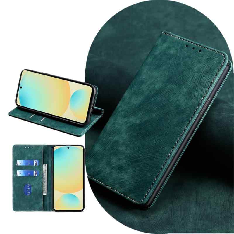 樂天商城 - AiMaoo Samsung Galaxy S24 FE 対応 ケース 防塵 耐衝撃 傷つけ防止 軽量 手作り PUレザー カード収納 RFID磁気防止 マグネット スタンド機能 ケース 手帳型 Samsung Galaxy S24 FE 用 (グリーン