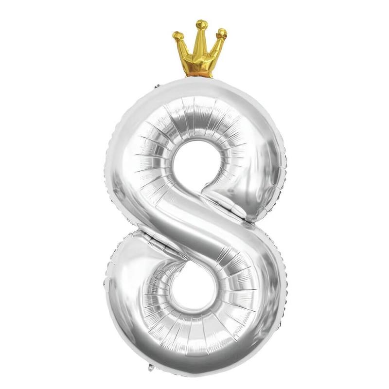 PomeloCoto 8数字 バルーン銀 大きい誕生日 飾り付け8歳, 100cm王冠銀風船 数字8スウジ バルーン オオキイ 記念日/カーニバル/卒業式/プロポーズ/写真撮影用小道具