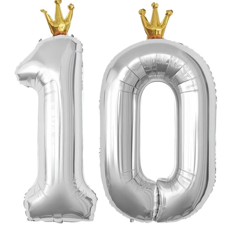 PomeloCoto 10数字 バルーン銀 大きい誕生日 飾り付け10歳, 100cm王冠銀風船 数字1...