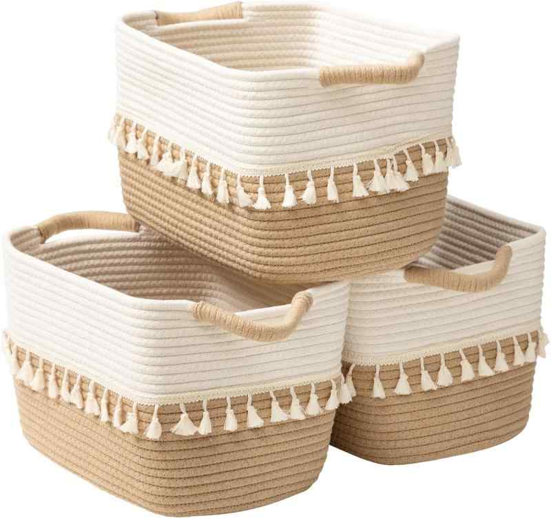 Rakuten - TeoKJ 収納バスケット (3セット) 専用デザイン 収納カゴ コットン コットンロープ 積み重ね 編み込み 収納 小物入れロープ 編み バスケット 省スペース ホワイト＋ブラウン
