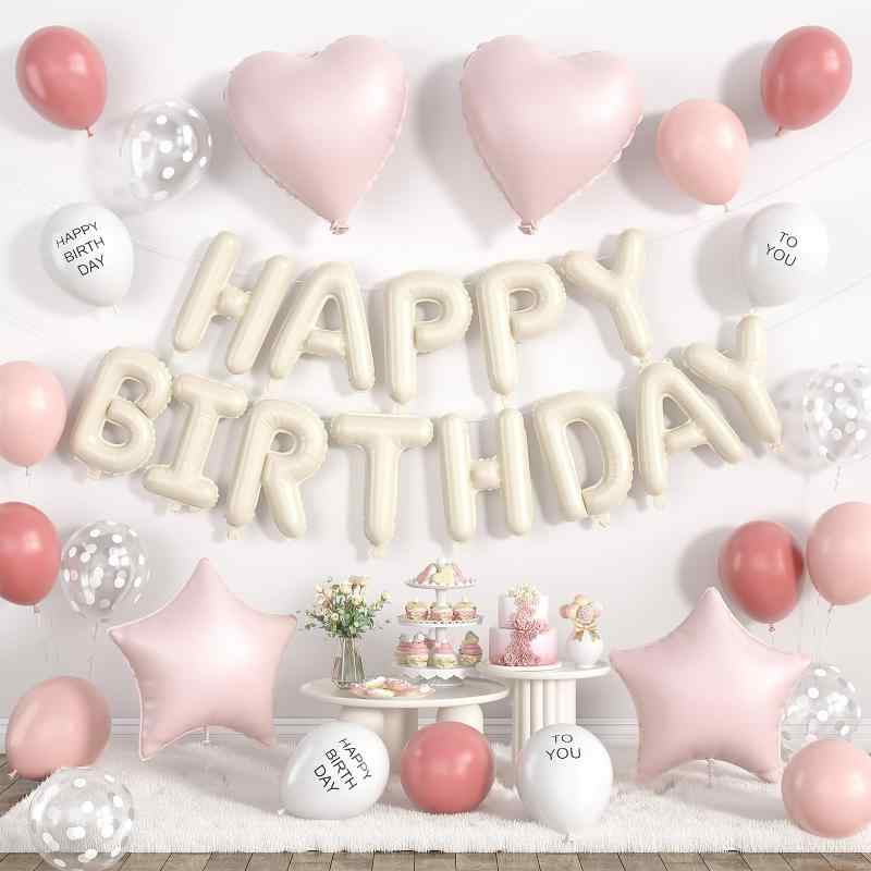 Rakuten - Lausatek 誕生日バルーン 飾り付け 風船 セット バースデーバルーン HAPPY BIRTHDAY 文字 ガーランド ハート 星 クリアドット 装飾 パーティー デコレーション 男の子 女の子 くすみホワイト ピン