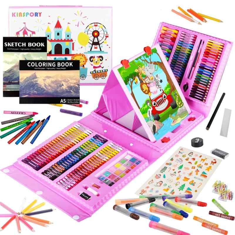 KINSPORY 290点 お絵描きセット 子供用 アートセット、両面イーゼル 水彩画 色鉛筆 絵の具 マーカー クレヨン セット、新進アーティスト向けの 学用品 画材 ケースギフトガールズボーイズキッ root-house-10111663 RoothouseStore パッケージ画像