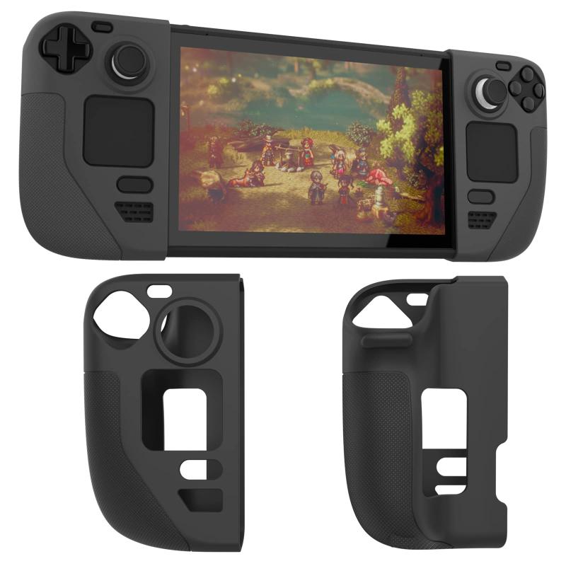 AJKTHGEシリコン保護シェルカバースキン スチームデッキ対応 滑り止めテクスチャハンドルケース スチームデッキ用 衝突防止カバー 親指キャップ4個付き (ブラック)