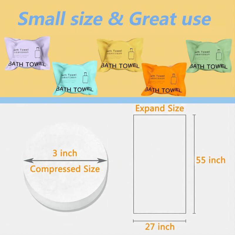 圧縮バスタオル5パック、使い捨てコットンバスタオル140 x 70 cm大サイズ携帯型厚手ティッシュは、トレッキング、キャンプ、ビーチスイミング、旅行に適しています（5色、56インチx 28イン root-house-10092175 RoothouseStore サンプル画像2
