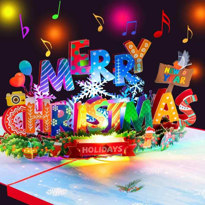 メリークリスマス 3D ポップアップ ミュージカルカード（ライトと音楽付き） – 「メリークリスマス」の曲が流れる – 友人、家族、愛する人へのユニークなホリデーグリーティングカード