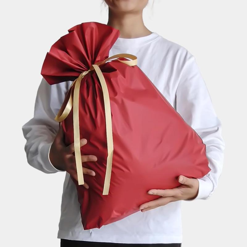 ラッピング 袋 プレゼント 袋 W450×H560 mm リボン付 ギフトラッピング 袋 大 包装袋 クリスマス ハロウィン ラッピング用品 プレゼント用袋 ギフトバッグ 誕生日 包装（赤×金）