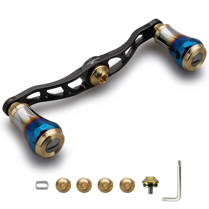 HEIGHTEN V2.0 90mm/105mm/115mm ベイト リール ハンドル シマノ(shimano) ダイワ(daiwa) アブガルシア(abu) 通用 ベイトリール 用 航空アルミ製 Aurora Series (V2.0-105mm - ブラック&amp;ゴール) (0122)特徴: 新型Aurora V2.0 焼き色ハンドルノブ強度＆薄肉軽量化6.8g、新型90mm/105mmハンドル強度＆薄肉軽量化、全体的に強度確保前提で薄肉軽量に進化厳しい塩水霧試験＆海水試験通過。適応機種: 取付部4x7mm、5x8mmのシマノ(shimano) ダイワ(daiwa) アブガルシア(abu)のベイトリールに適用。サイズ: ノブ直径20mm、ハンドル軸心距離90mm/105mm/115mm 【総重】30g/33g/36.5【素材】70シリーズ航空アルミ。付属品タイプ1 - 90mm/105mmハンドル: ダイワ(daiwa) ナット2個、シマノ(shimano) ナット2個、ダイワ(daiwa) STEEZ ナット1個、転換スリーブ1個、レンチ1個。付属品タイプ2 - 115mmハンドル: ダイワ(daiwa) ナット2個、シマノ(shimano)ナット2個、ダイワ(daiwa) STEEZ ナット1個、6角ワッシャー 6個(取付部4x7mm、5x8mm)、レンチ1個。期間: 60日品質(付属を除く)保障付きます。交換可能対応機種はの対応表の限りではありませんので、何か問題がございましたら、メールでご連絡おねがいいたします。
