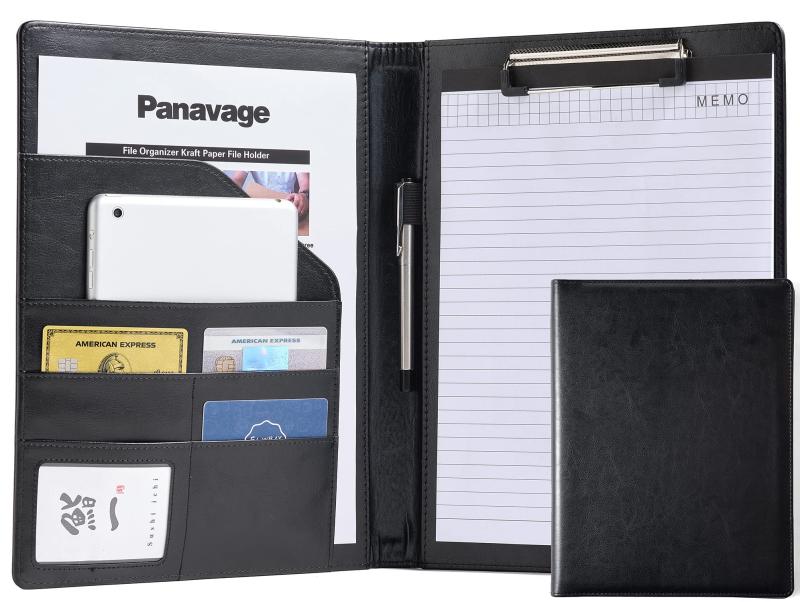 Rakuten - Panavage バインダー A4 クリップボード PU クリップ ファイル 二つ折り 多機能 ペンホルダー ポケット付き 名刺入れ メモ帳付き ブラック