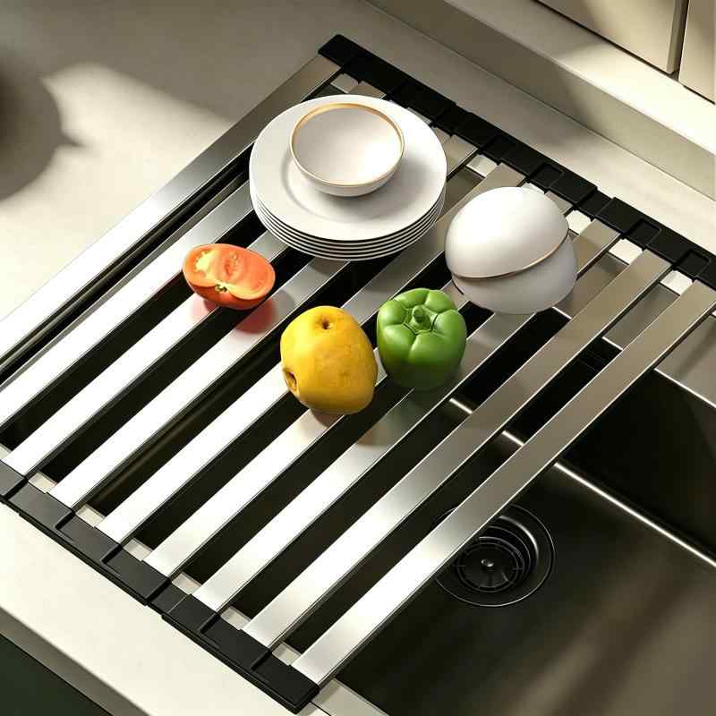 ママ倉【多機能】水切りラックシンク調理台 32~60cm選択可能 52cm 厚い 304ステンレス鋼 四角 水切りプレート 台所用 ステンレス鋼 キッチン シンク上 流し台 食器と洗い物置き 折りたたみ式