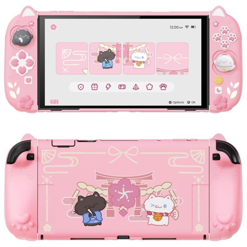 PlayVital Switch 2用保護カバーセット switch2ドック対応 猫耳＆肉球グリップ付き Joy-Conカバー付き シリコン＋PC素材 分体式 耐衝撃 傷防止 調整スタンド付き｜和風さくら子猫デザイン【ピンク】