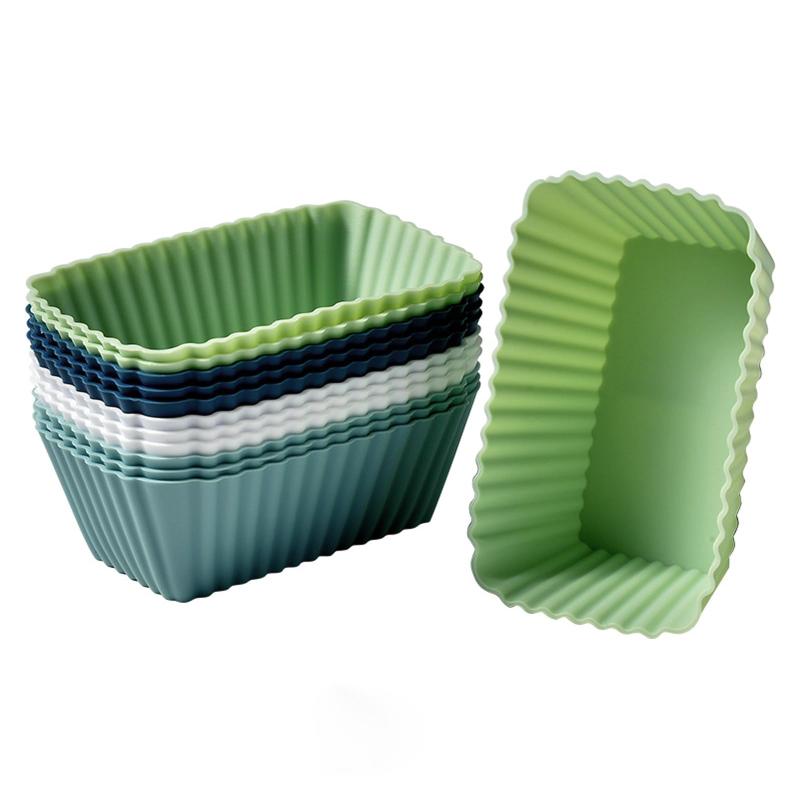 MiniMood 食品級シリコンカップ 12個セット 耐熱-40℃~230℃ 電子レンジ オーブン 食洗機対応 四色（白/青/薄緑/濃緑） 非粘着 長方形 大きめ マフィンカップ (長方形)