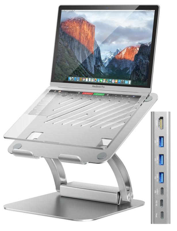Tounee ノートパソコンスタンド 取り外し可能なUSB-Cハブ付き 100W PD充電 4K@60Hz HDMI USB-A & USB-C 3.0ポート ホストポート 人間工学に基づいたアルミニウム製ノートパソコンホルダー 10~17インチ