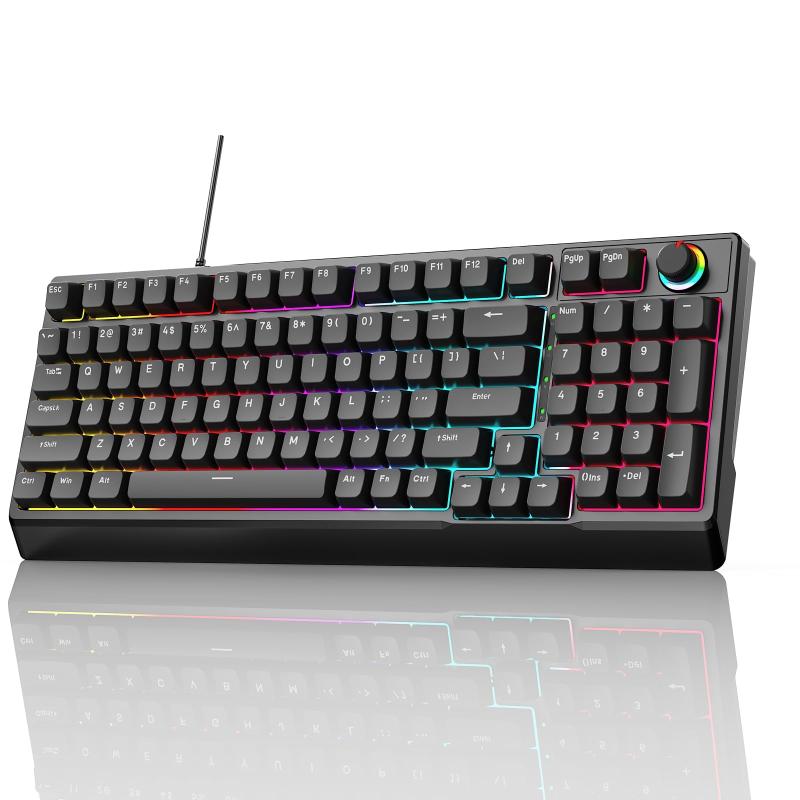ゲーミングキーボード 赤軸 98 キー メカニカル LED バックライト付き ワード発光 USB ゲーミングきーボード有線 高速応答 数字キー付き 音量調整ノブ オフィス/ゲーミング コンピューター キ