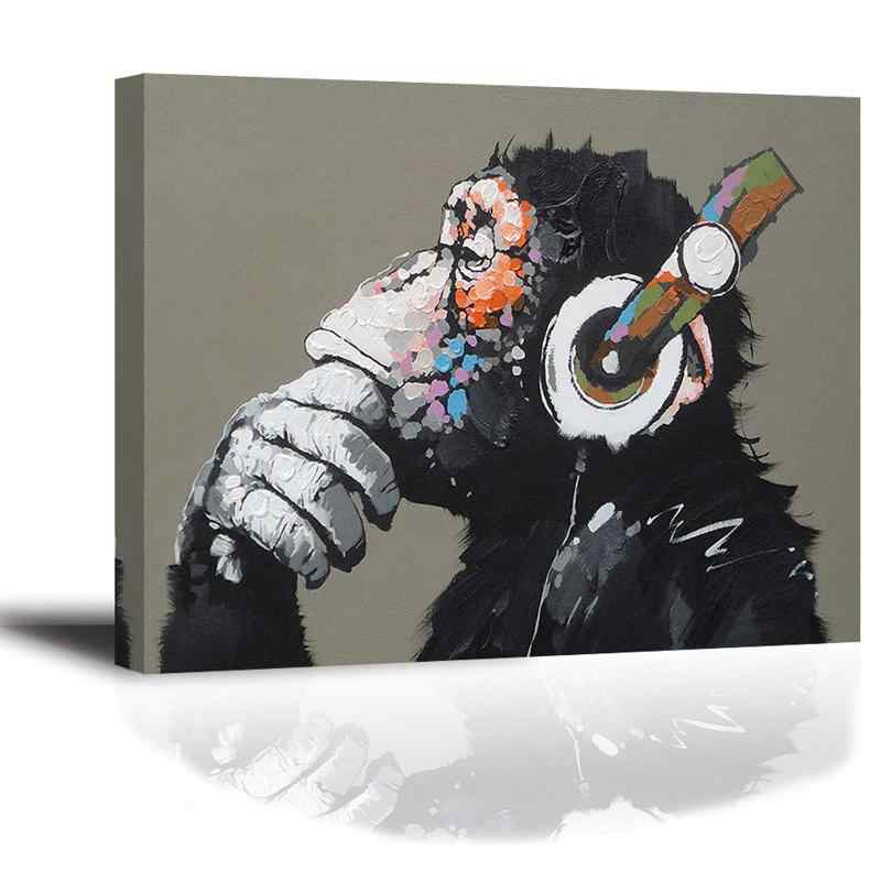 Rakuten - 『音楽を聴いている猿』キャンバス絵画 バンクシー Banksy 現代の動物装飾画 チンパンジー 落書きPIY PAINTINGアートパネル ウォール フレームポスター 木枠付きの完成品 取り付けやすい壁アー