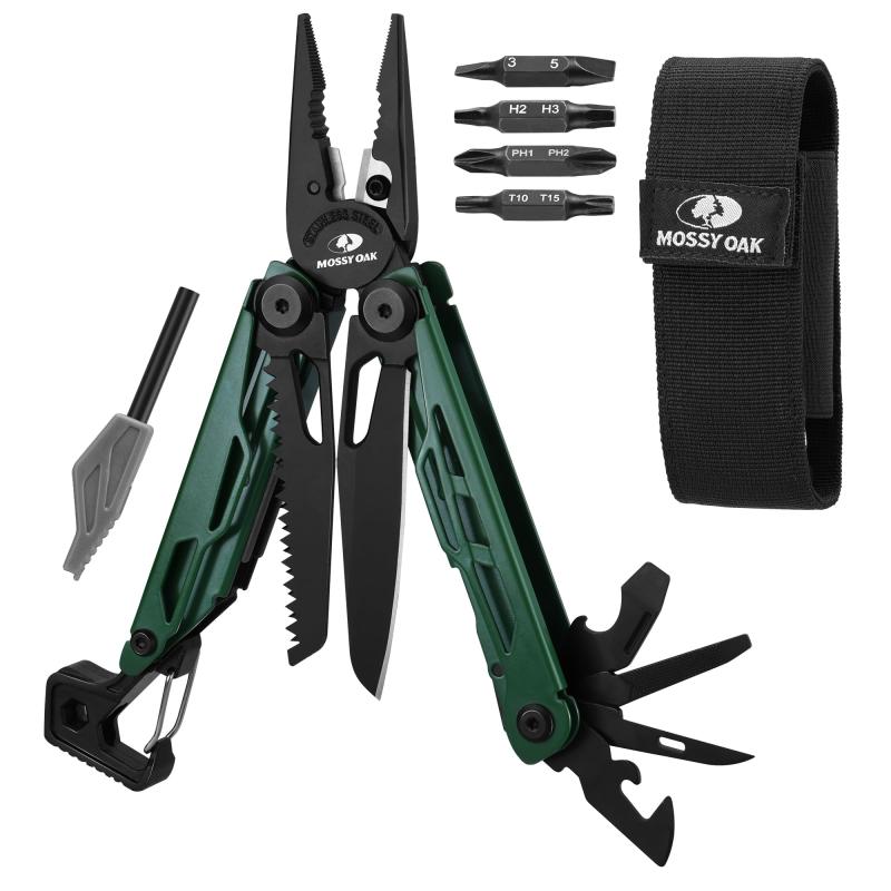 MOSSY OAK 多機能ペンチ 27-in-1 アウトドアマルチツール 多機能ツール ナイフ アウトドア 折り畳み式 ロック機能搭載 呼子 火打ち棒 ノコギリ プライヤー ドライバー 缶切り ビット付属 野外活【27-in-1多機ツール】ラジオプベンチ、プライヤー、ソフトワイヤカッター、ハードワイヤカッター、ナイフ、のこぎり、呼び子、火打棒、マイナスドライバー、小マイナスドライバー、缶切り、ワイヤストリッパー、爪やすり、、リーマー、糸通し、栓抜き、六角レンチ、カラビナ、ドライバー用ビットソケット、両頭ビット、グリップ【仕様】材質：ステンレス、ナイフ材質：7CR17、重量：228g　ツールの開きサイズ17.2*8.2*2CM、折畳むサイズは12.1*3.6*2CM【自動ロック機能】展開したツールを自動的にロックされ、不意な怪我を防ぎます。使用中の安全性を高めます。解除も簡単で、押すだけで折り畳めます。【専用袋付き】ベルト通し付き収納ポーチが付属されていて、収納も持ち運びも便利になります。防炎グッズとして大勧めです。【使用場面】キャンプ、釣り、徒歩などのアウトドアからお家の防災グッズや車載工具まで幅広く対応できます。プロの人だけでなく、一般の人々も簡単に使用できます。