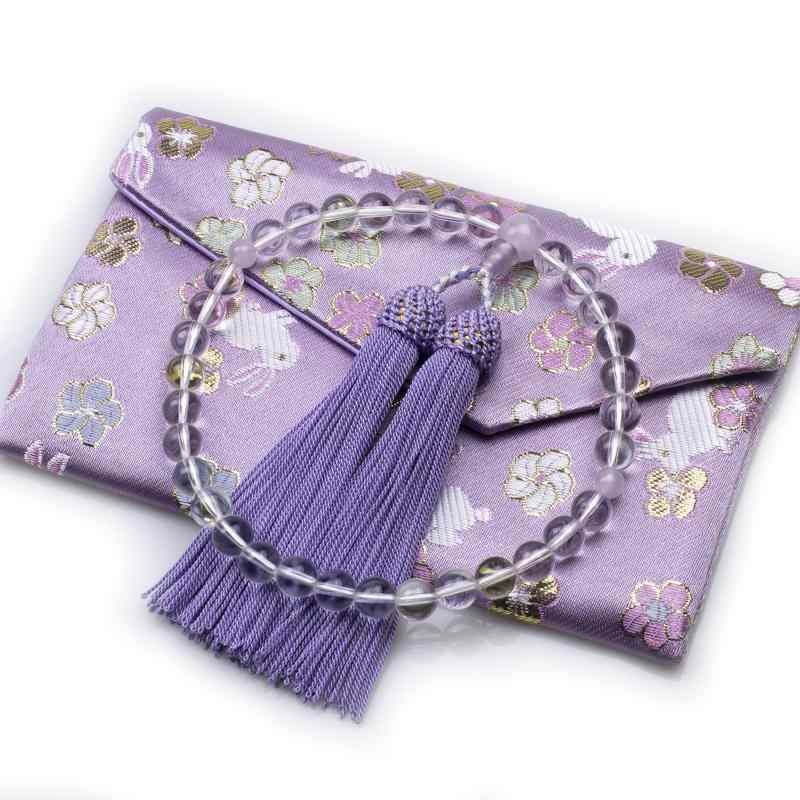 数珠 女性用 本水晶 藤雲石 正絹房マグネット式数珠袋付き じゅず 葬式 法事 法要 じゅず