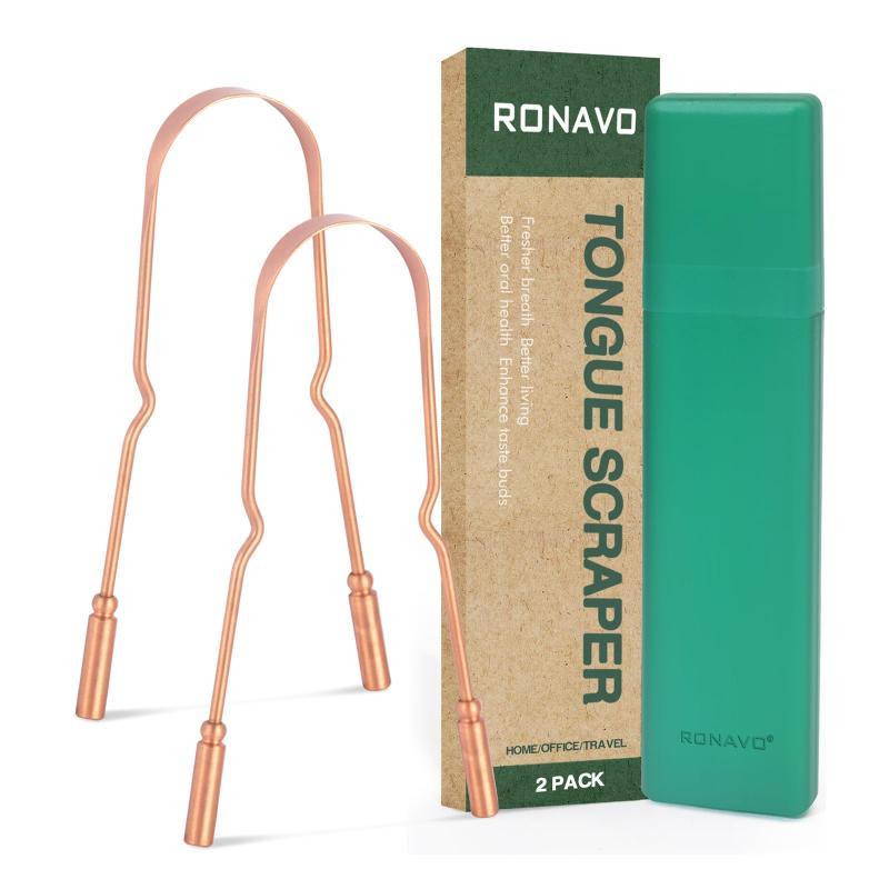 RONAVO トラベルケース付き 純銅舌スクレーパー 2本セット 【天然抗菌】 舌クリーナー 舌苔除去 口臭対策 舌磨き 大人＆子供用 携帯便利